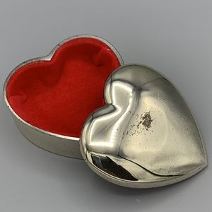 Vtg Silver Plated Heart Trinket Box Red Fabric Interior Jewely Box Vanity Japan